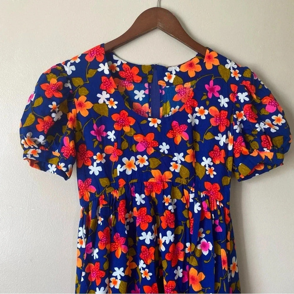 Vintage 70s Bright Electric Floral Handmade Puff Sleeve Midi Maxi Dress Retro - Picture 2 of 13